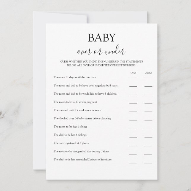 Over or Under Baby Shower Game Card (Front)