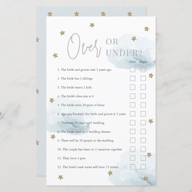 Over or Under Blue Clouds Bridal Shower Game (Front/Back)