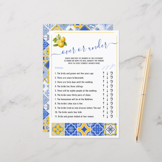 Over or Under Blue Tiles Lemon Bridal Shower Game (Front/Back In Situ)