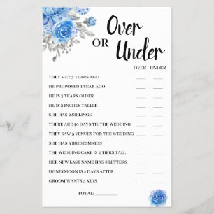 Over or Under BlueFlowers Bridal Shower Game Card