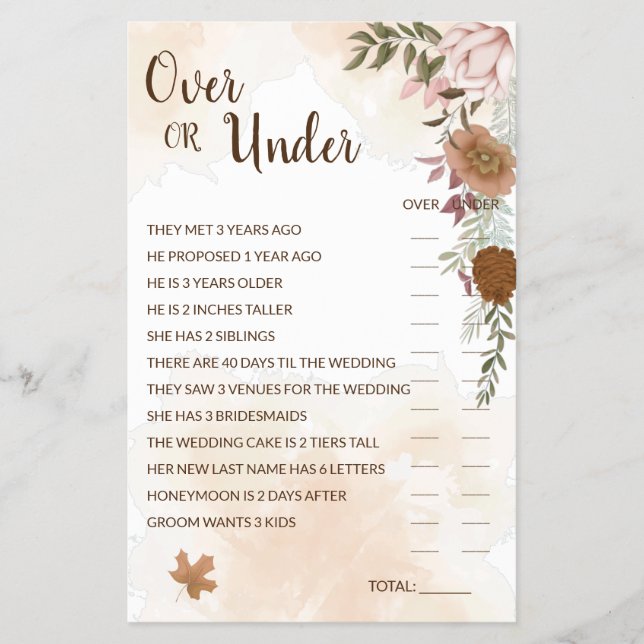 Over or Under Boho Autumn Bridal Shower Game Card (Front)