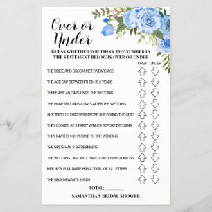 Over or Under Bridal Shower Blue Flowers Game Card