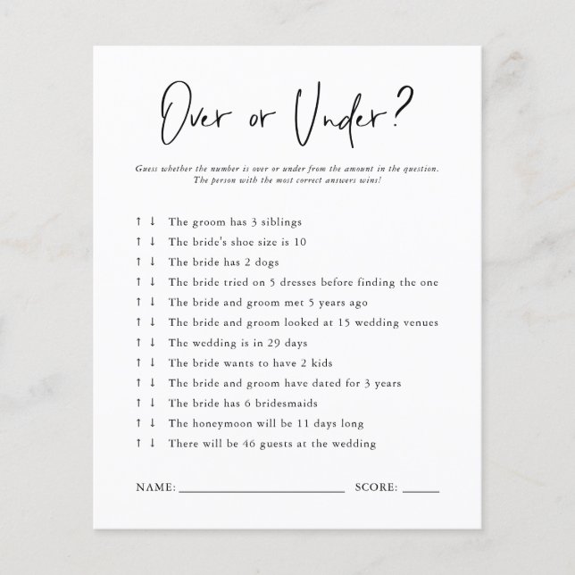 Over or Under | Bridal Shower Game (Front)