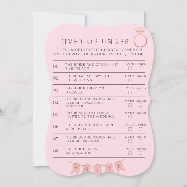 Over or Under Bridal Shower Game Card (Front)