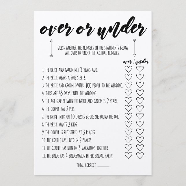 Over Or Under Bridal Shower Game Programme (Front)