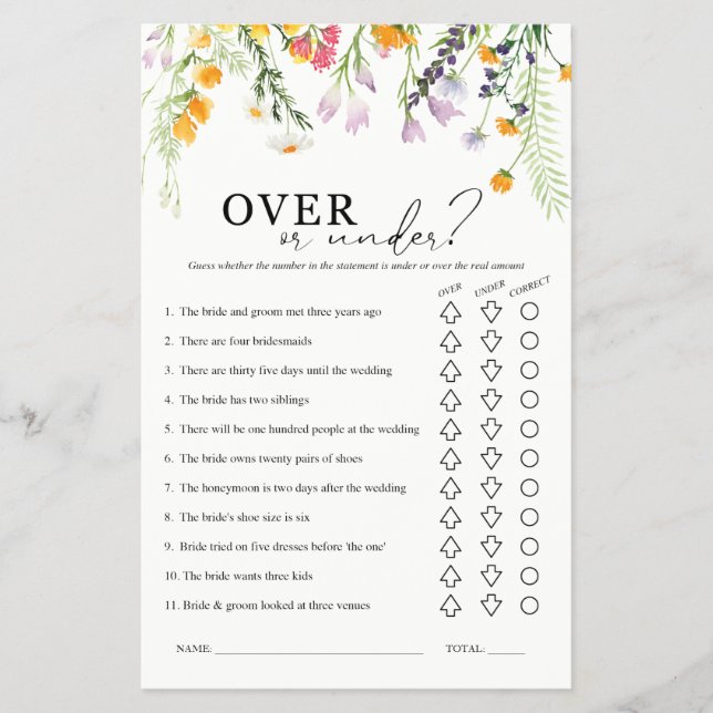 Over or Under Bridal Shower Game Wildflowers  Flyer (Front)