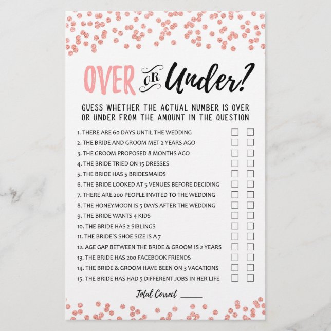 Over or Under Bridal Shower or Hen Party game (Front)