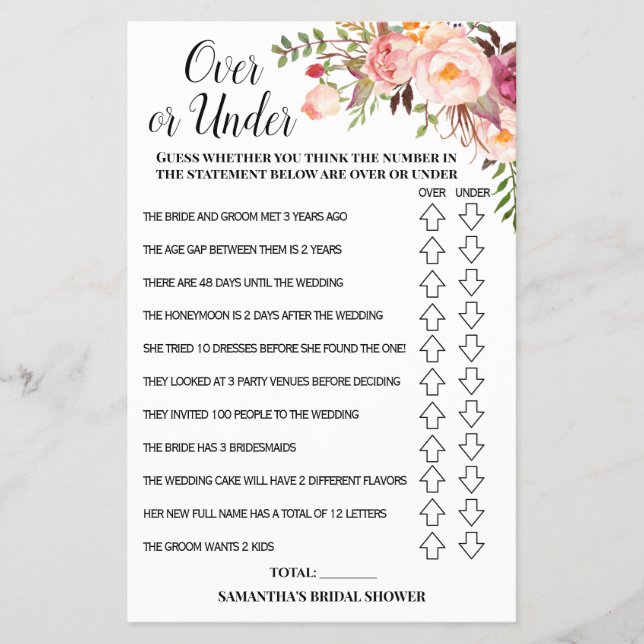 Over or Under Bridal Shower Pink Flowers Game Card (Front)