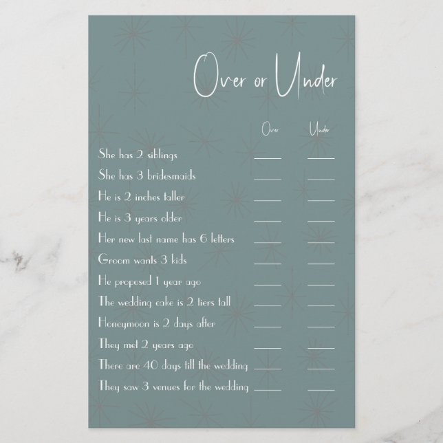 Over or Under Couple Shower Game Flyer (Front)