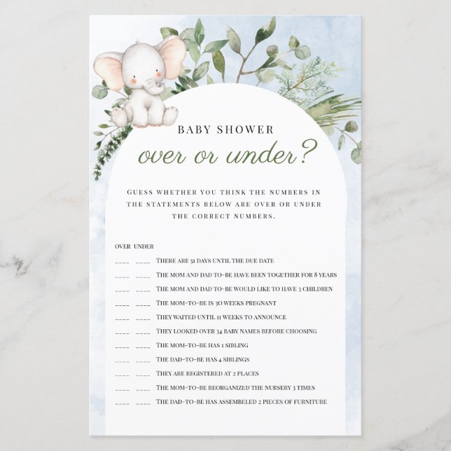 Over Or Under Elephant Blue Baby Shower Game (Front)