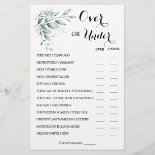 Over or Under Eucalyptus Couples Shower Game Card