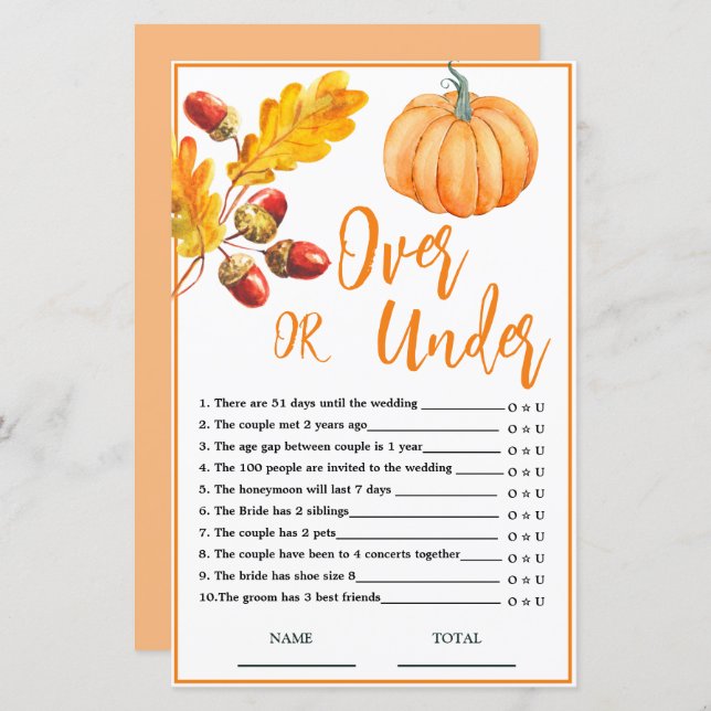 Over or Under Fall Pumpkin Bridal Game (Front/Back)