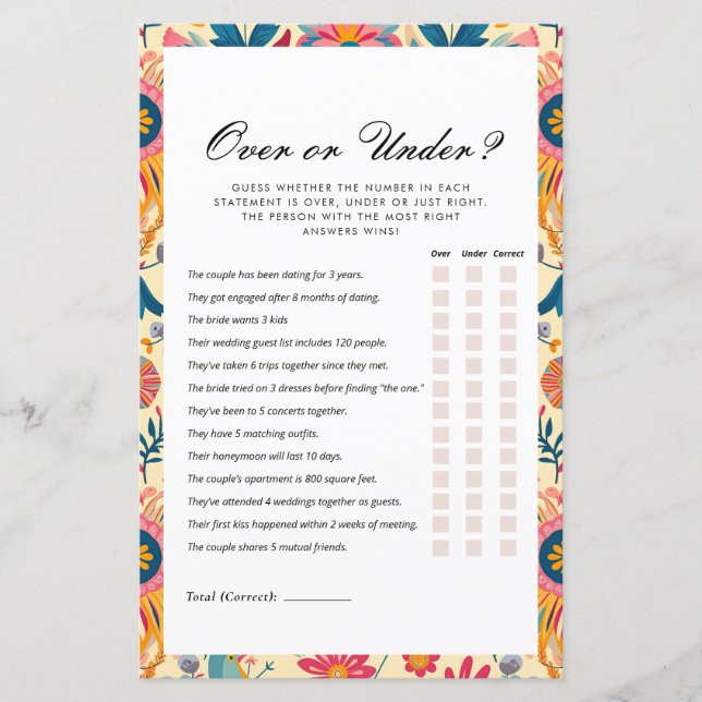 Over or Under Floral Mexican Bridal Shower Game (Front)