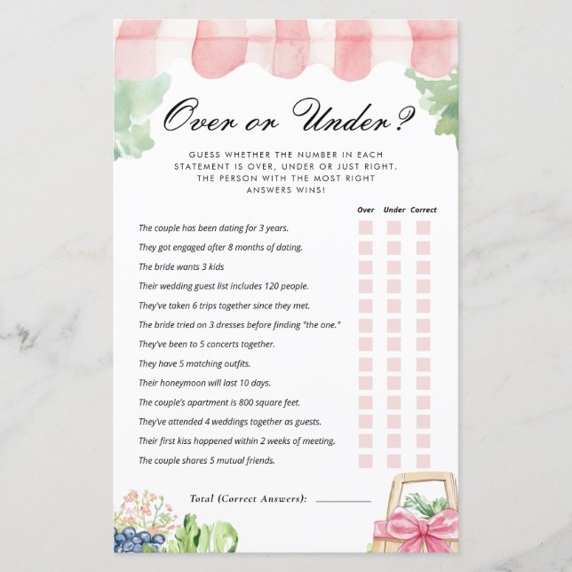 Over or Under Fresh Off The Market Bridal Game (Front)