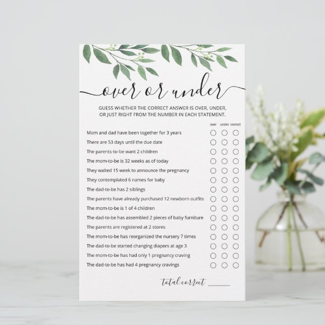 Over or Under Game Baby Shower party game (Standing Front)
