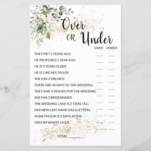 Over or Under Herbal Bridal Shower Game Card (Front)