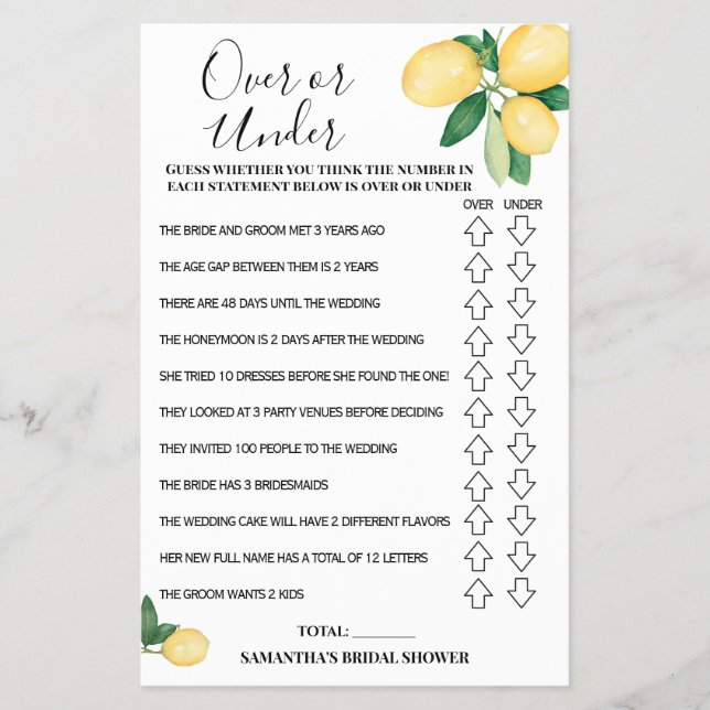 Over or Under Lemons Bridal Shower Game Card (Front)