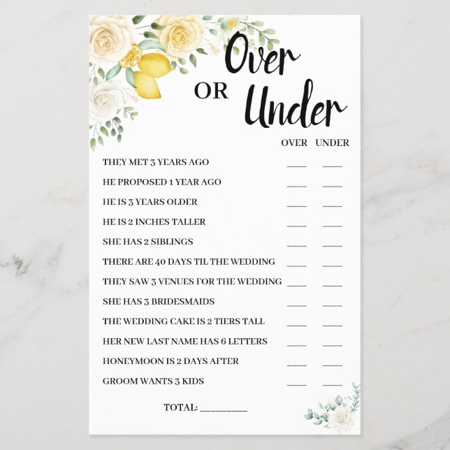 Over or Under Lemons&Roses Bridal Shower Game Card (Front)