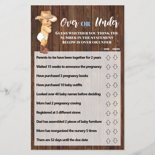 Over or Under Little Cowboy Baby Shower Game Card (Front)