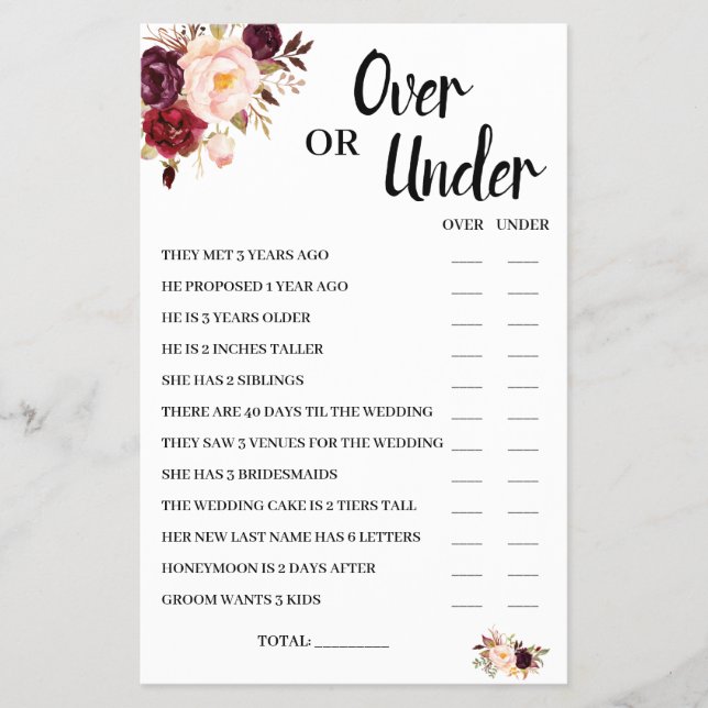 Over or Under Marsala Bridal Shower Game Card (Front)