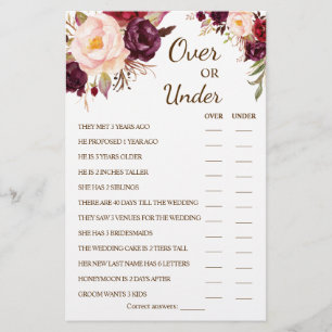 Over or Under Marsala Couples Shower Game Card