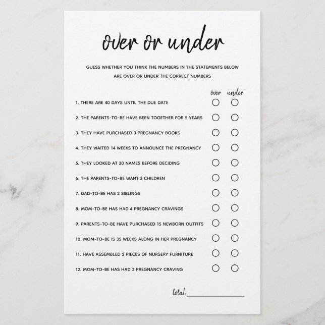 Over or Under Minimalist Baby Shower Game (Front)