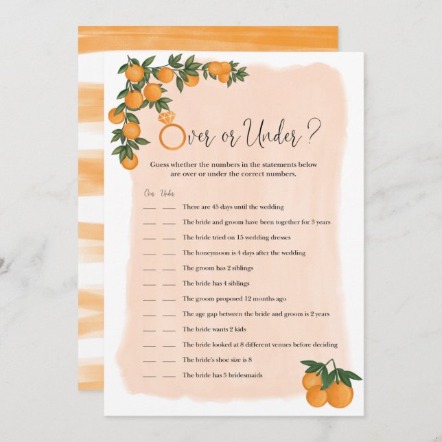 Over or Under Orange Citrus Bridal Shower Game (Front/Back)
