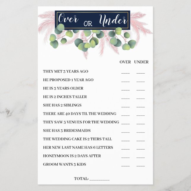 Over or Under Pampas Grass Bridal Shower Game Card (Front)