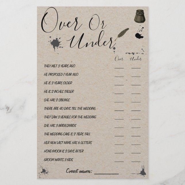 Over or Under | Pen & Inkwell Shower Game Card (Front)