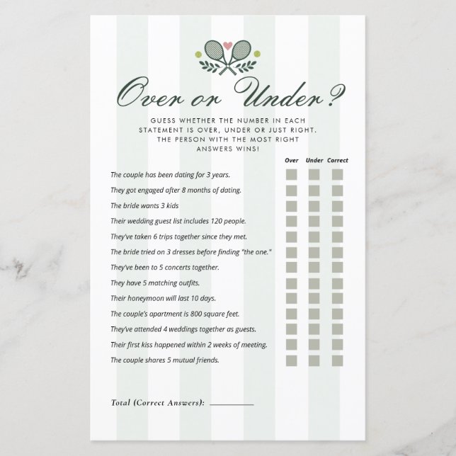 Over or Under Perfect Match Bridal Shower Game (Front)