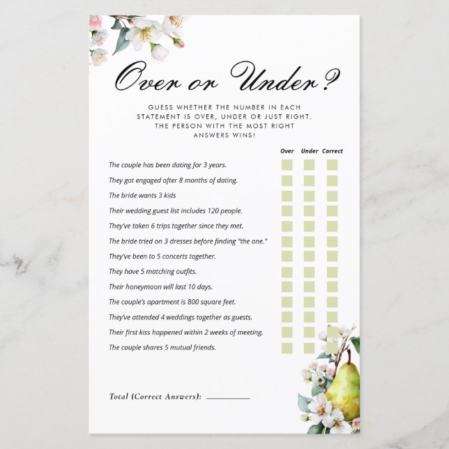 Over or Under Perfect Pear Bridal Shower Game (Front)