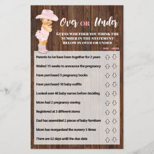 Over or Under Pink Cowgirl Baby Shower Game Card