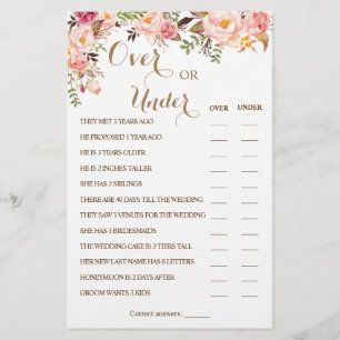 Over or Under Pink Floral Couples Shower Game Card