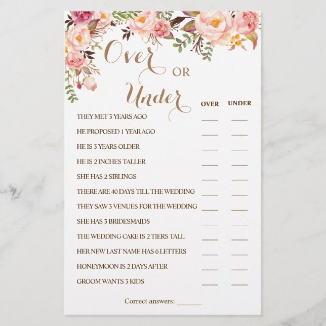 Over or Under Pink Floral Couples Shower Game Card (Front)