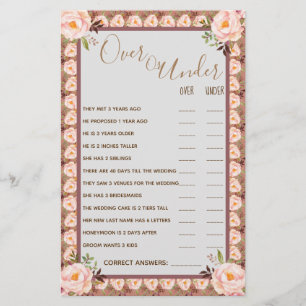 Over or Under Pink Floral Couples Shower Game Card