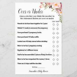 Over or Under Pink Flowers Baby Shower Game Card
