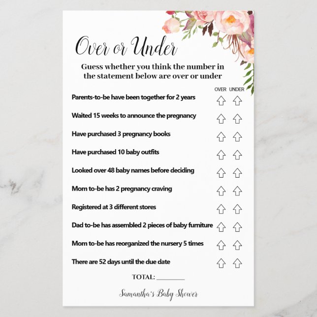Over or Under Pink Flowers Baby Shower Game Card (Front)