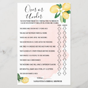 Over or Under Pink Lemons Bridal Shower Game Card