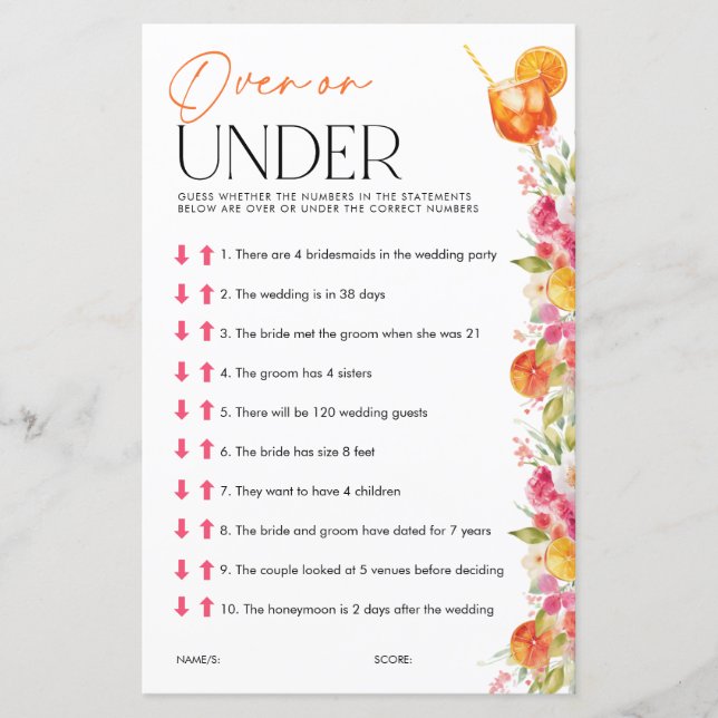 Over or Under Spritz Bridal Shower Games (Front)
