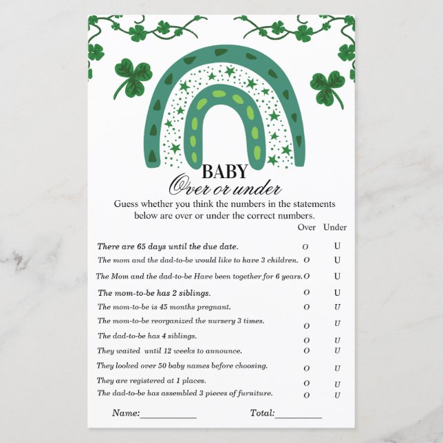 Over or under st patrick baby shower game (Front)