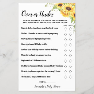 Over or Under Sunflowers Baby Shower Game Card