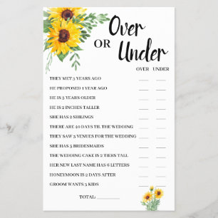 Over or Under Sunflowers Bridal Shower Game Card