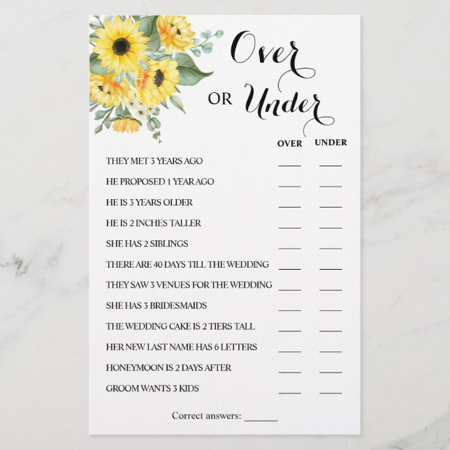 Over or Under Sunflowers Couples Shower Game Card (Front)