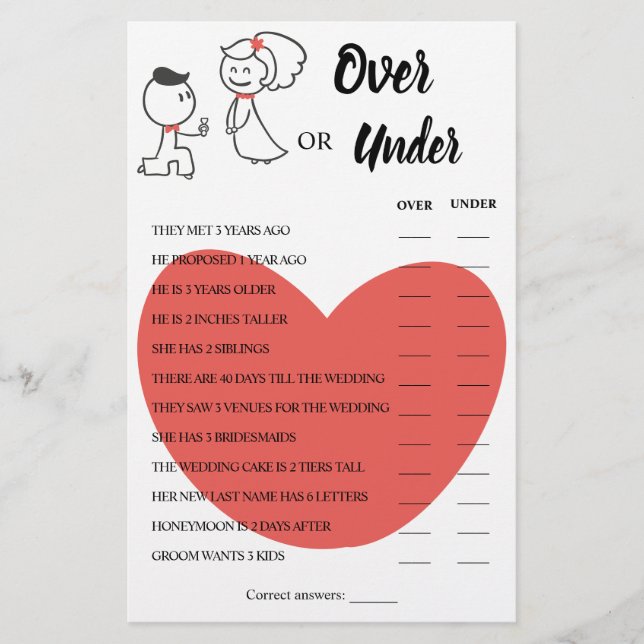 Over or Under Wedding Couple Shower Game Card (Front)