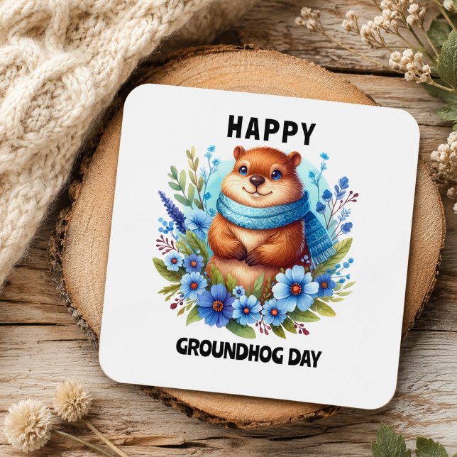 Over Rated? Watercolor Celebrating Groundhog Day  Square Sticker (Over Rated? Watercolor Celebrating Groundhog Day Square Sticker)