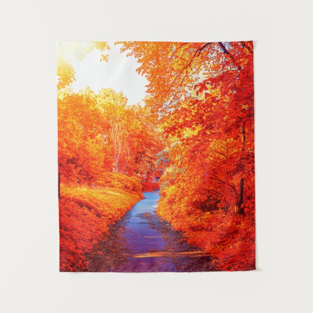 Over Saturated Orange Yellow Autumn Leaves Stream Tapestry (Front)
