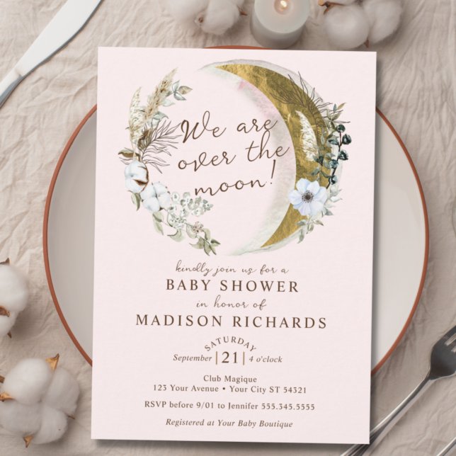 Over The Gold Moon Dreamy Boho Pink Baby Shower Invitation (Creator Uploaded)