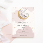 Over the Gold Moon Pink Baby Shower Invitation<br><div class="desc">Baby Shower invitation featuring watercolor pink clouds and gold stars with glittery moon and fun script "We are over the moon!"  Personalise with your information or click "click to customise further" to adjust font type,  size,  colour.</div>