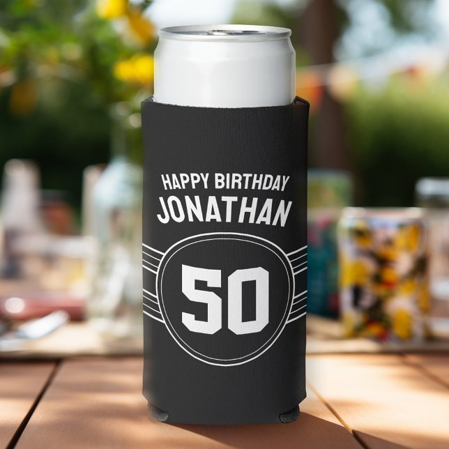 Over the Hill Birthday Sporty with Age - Black Seltzer Can Cooler (Football Birthday Party Personalized can coolers - add your name)