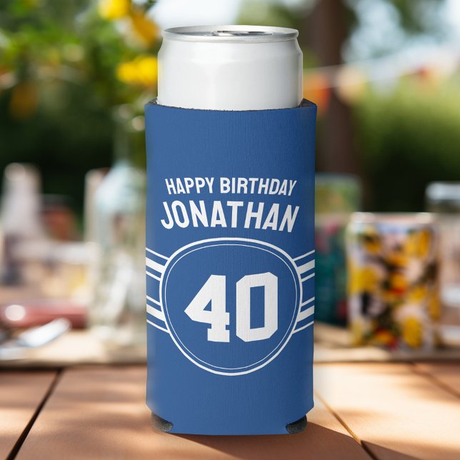 Over the Hill Birthday Sporty with Age Blue White Seltzer Can Cooler (Football Birthday Party Personalized can coolers - add your name)
